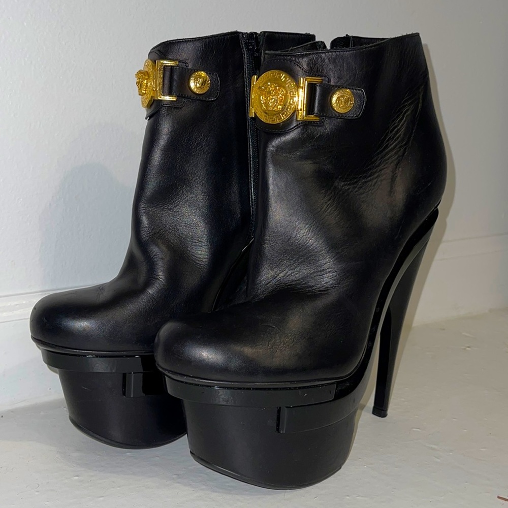 Versace black and gold triple platform bootie heels